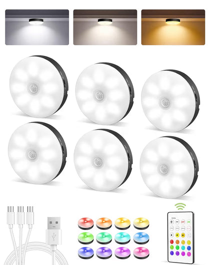 Under Cabinet Lighting,1000mAh Rechargeable Puck Lights w/ Remote 12 RGB Motion Sensor Closet Lights Indoor Dimmable (6 PK)
