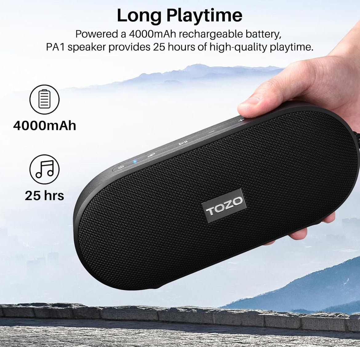 PA1 Bluetooth Portable Speaker Built-in Microphone Stereo Sound, 25H Playtime, IPX7 Waterproof - Matte Black