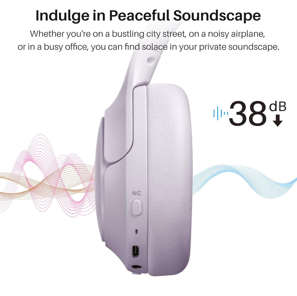 Hybrid Active Noise Cancelling Headphones, Wireless Over Ear Bluetooth, 40H Playtime, Hi-Res Audio Custom EQ, Comfort Fit Ear Cups (Purple)