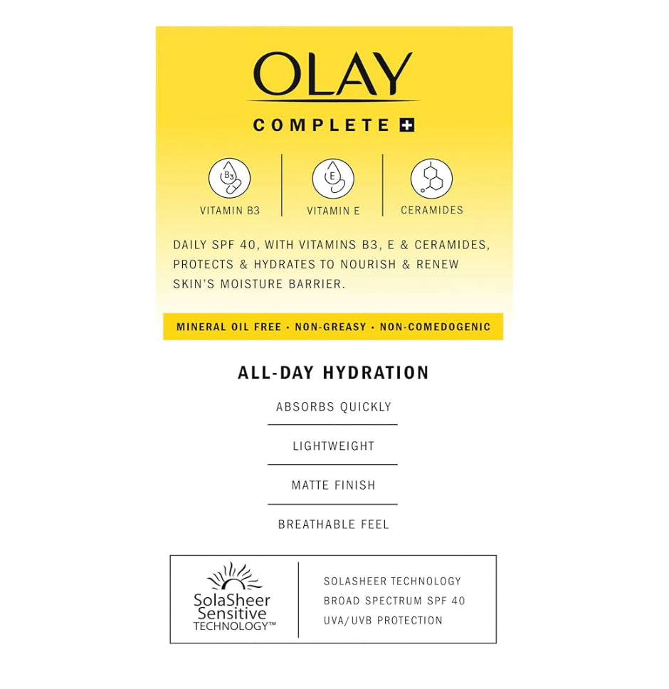 Olay Complete+ Gesigbevogtiger met Sonskerm SPF 40, Vir Sensitiewe Vel, Breëspektrum Voed Vogversperring - Ceramiede 6 Oz