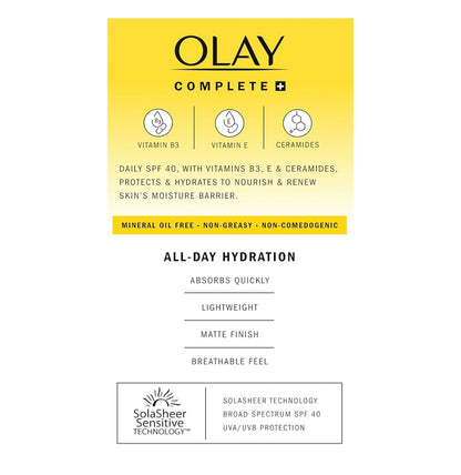 Olay Complete+ Gesigbevogtiger met Sonskerm SPF 40, Vir Sensitiewe Vel, Breëspektrum Voed Vogversperring - Ceramiede 6 Oz