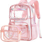 Girls Clear Backpack,2 PCS Large Backpacks Set,Heavy Duty Bookbag Stadium Approved Daypack Transparent Women Bag See Through Daypack for Kids Elementary Middle School Students Teens Sport Pink