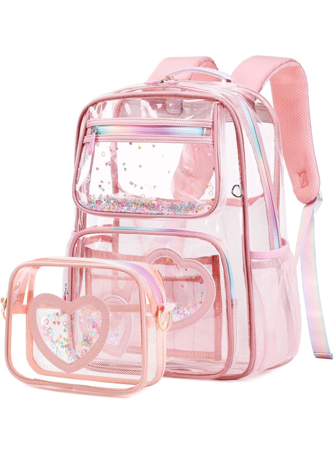 Girls Clear Backpack,2 PCS Large Backpacks Set,Heavy Duty Bookbag Stadium Approved Daypack Transparent Women Bag See Through Daypack for Kids Elementary Middle School Students Teens Sport Pink