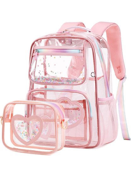 Girls Clear Backpack,2 PCS Large Backpacks Set,Heavy Duty Bookbag Stadium Approved Daypack Transparent Women Bag See Through Daypack for Kids Elementary Middle School Students Teens Sport Pink