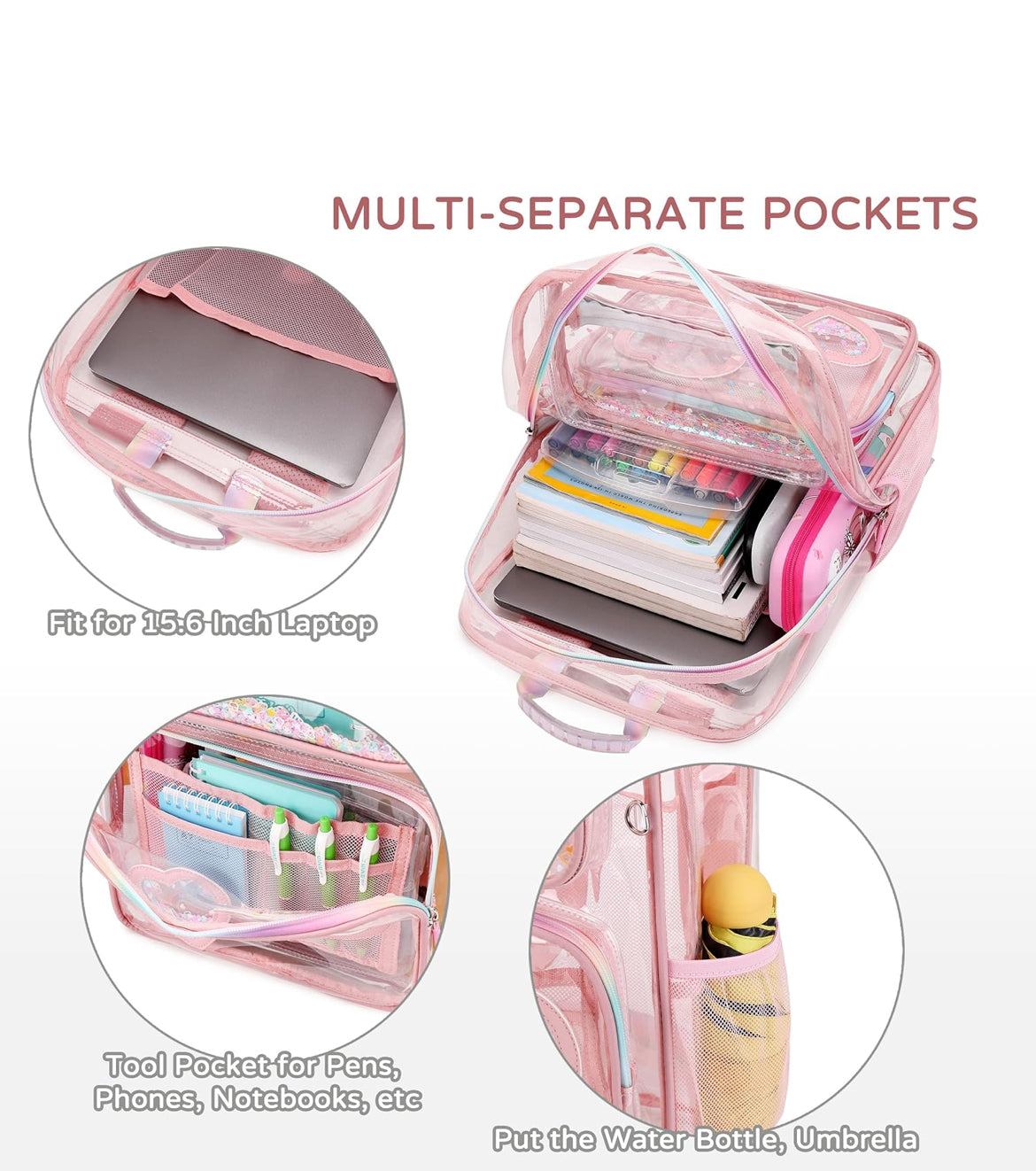 Clear Backpack for Girls Women Transparent Kids Elementary College School Bag Travel Laptop Backpacks Large Bookbags (Pink)