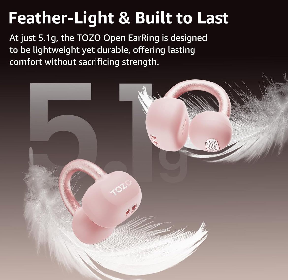 Open Ear Clip Earbuds, Lightweight Comfort 40H Play BT w/ Smart Digital Display - Pink