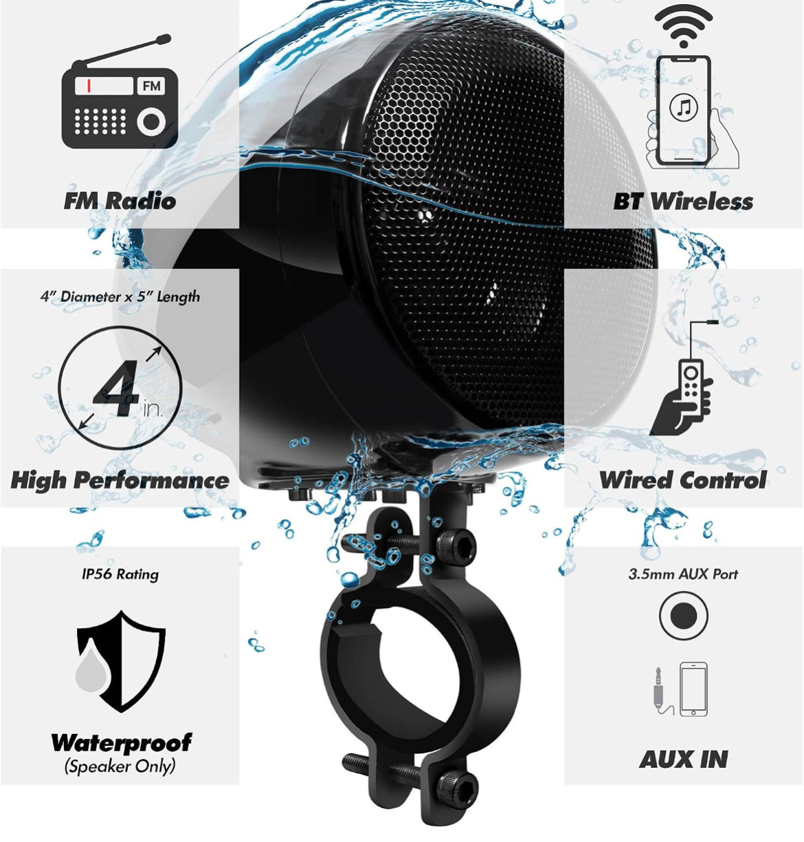Motorcycle Speakers Bluetooth 4 Inch Waterproof Radio Audio System
100W Amplifier, Remote Control, AUX USB SD FM Radio, Fits 7/8"–1-1/4" bar for Motorcycle ATV 12 Volt Vehicles
