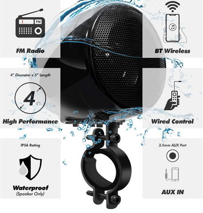 Motorcycle Speakers Bluetooth 4 Inch Waterproof Radio Audio System
100W Amplifier, Remote Control, AUX USB SD FM Radio, Fits 7/8"–1-1/4" bar for Motorcycle ATV 12 Volt Vehicles