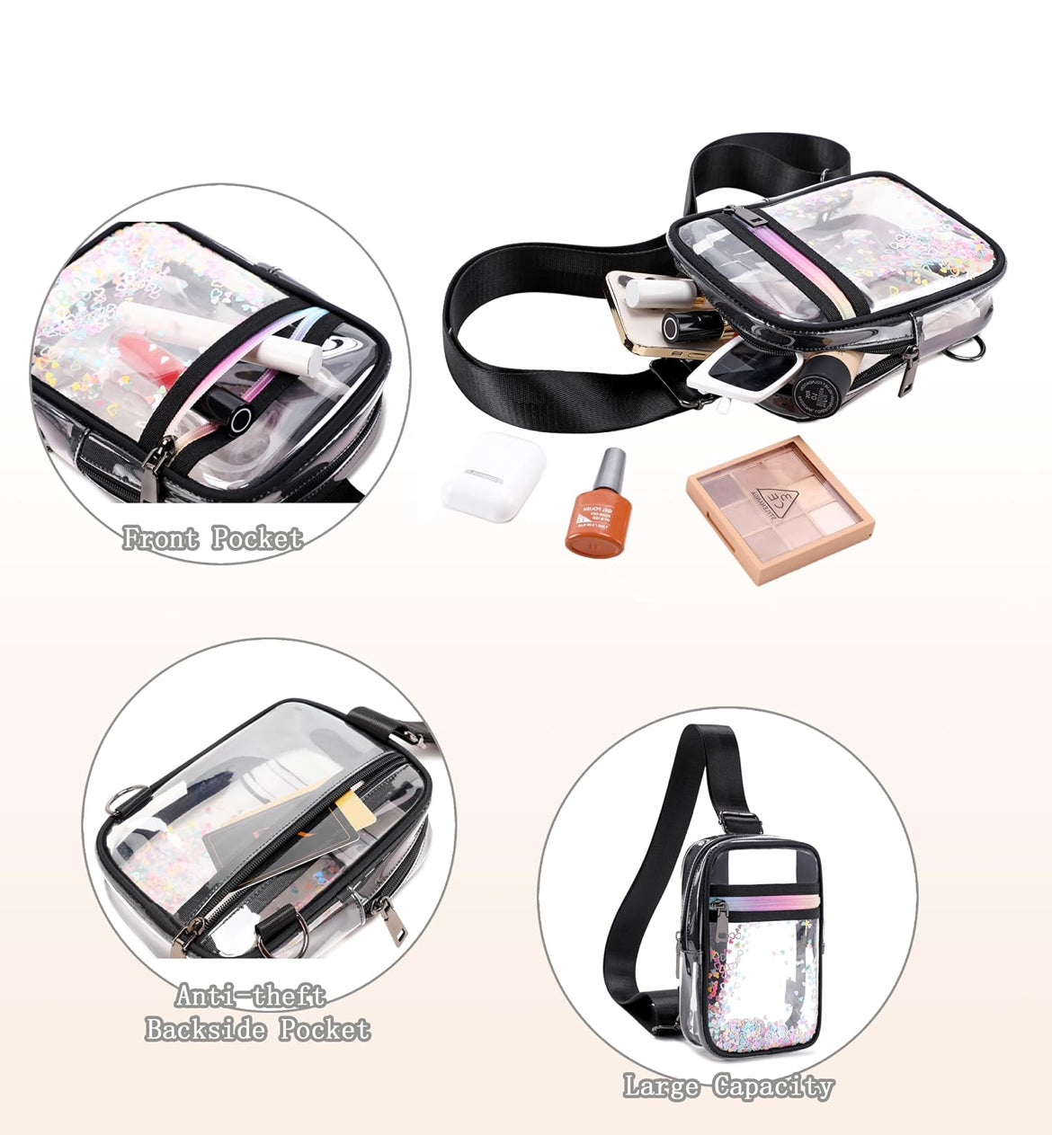 Clear Crossbody Bags for Women Girls Stadium Approved Sling Pack Bag Shoulder Belt Purses Transparent Chest Backpack
