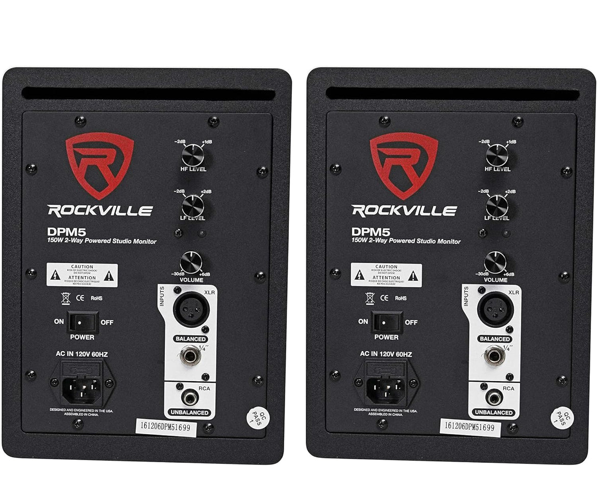 Rockville 2 DPM5B Dual Powered 5.25" 300w Active Recording Studio Monitors+Pads