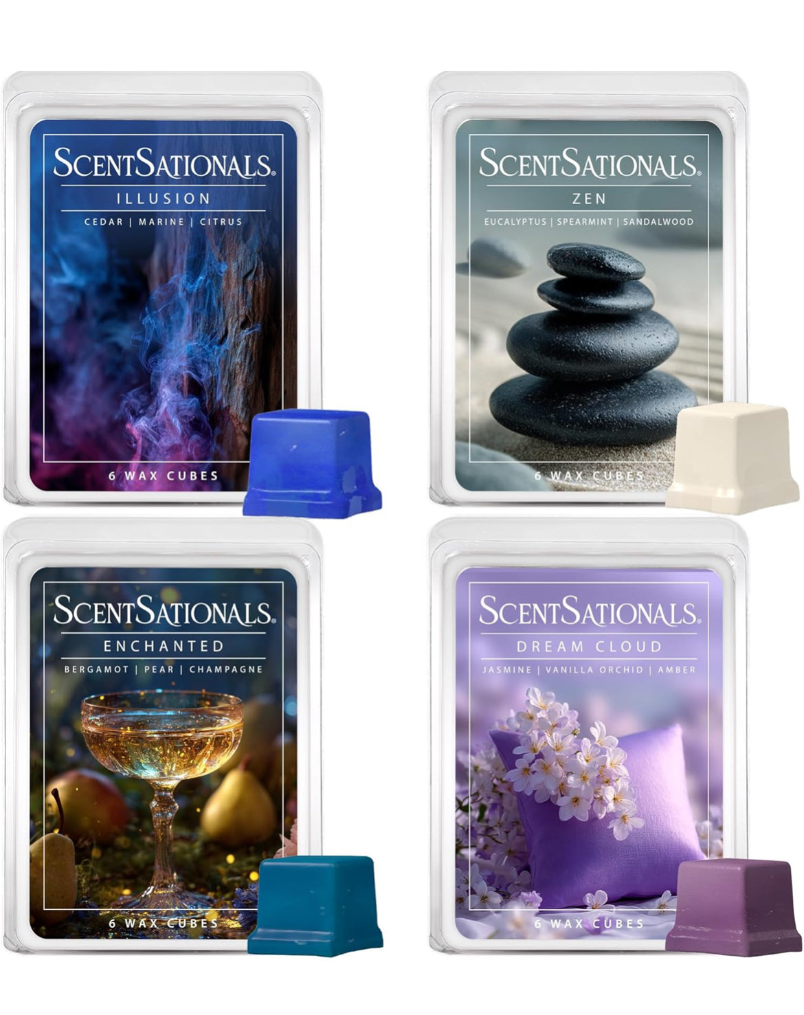Scentsationals Wax Melts Moodscapes – Includes Zen, Illusion, Enchanted & Dream Cloud – 10oz (Pack of 4)