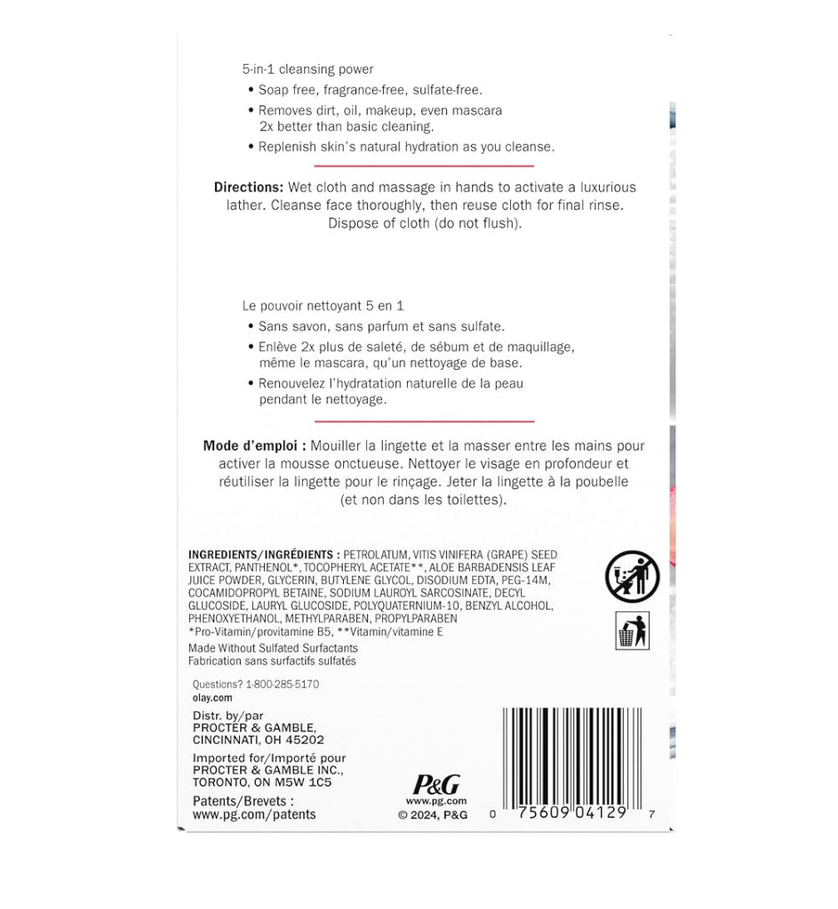 Olay Daily Facials Grimeerverwyderende Gesigsreinigingsdoekies, 5-in-1 Watergeaktiveerde Lappies, Eksfolieer, Toon en Hidreer Vel (66 tellings)