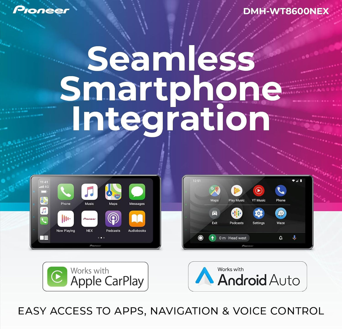 Pioneer DMH-WT8600NEX 10.1" HD Touchscreen Floating Display Car Stereo
Digital Multimedia Receiver, Wireless CarPlay & Android Auto, Amazon Alexa Built-In, Bluetooth, FLAC, Backup Cam, HD Radio