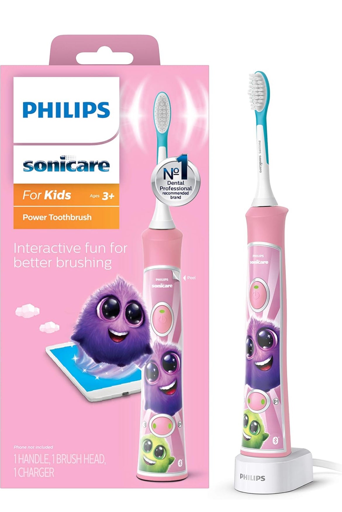 Philips Sonicare for Kids 3+ Bluetooth-gekoppelde Herlaaibare Elektriese Kragtandeborsel, Interaktief vir Beter Borsel, Pienk, HX6351/41