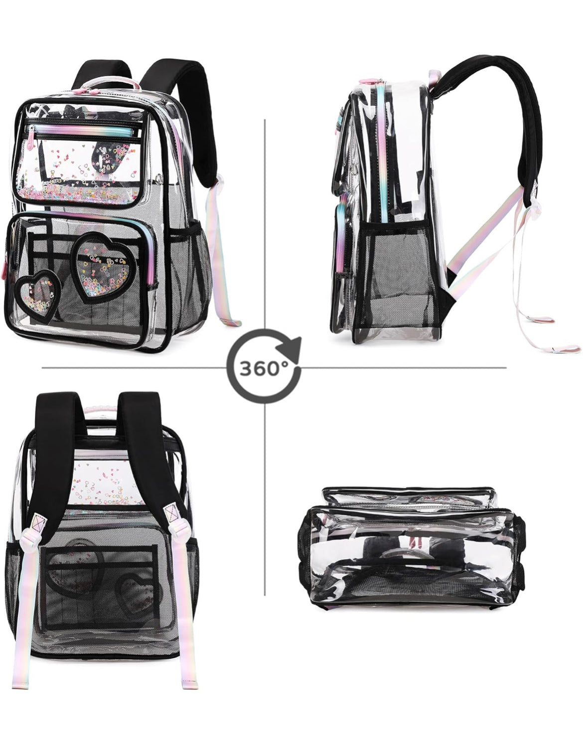 Girls Clear Backpack,2 PCS Large Backpacks Set,Heavy Duty Bookbag Stadium Approved Daypack Transparent Women Bag See Through Daypack for Kids Elementary Middle School Students Teens Sport Black