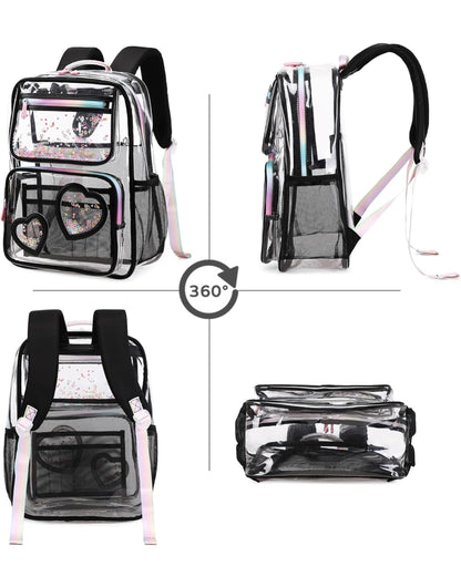 Girls Clear Backpack,2 PCS Large Backpacks Set,Heavy Duty Bookbag Stadium Approved Daypack Transparent Women Bag See Through Daypack for Kids Elementary Middle School Students Teens Sport Black