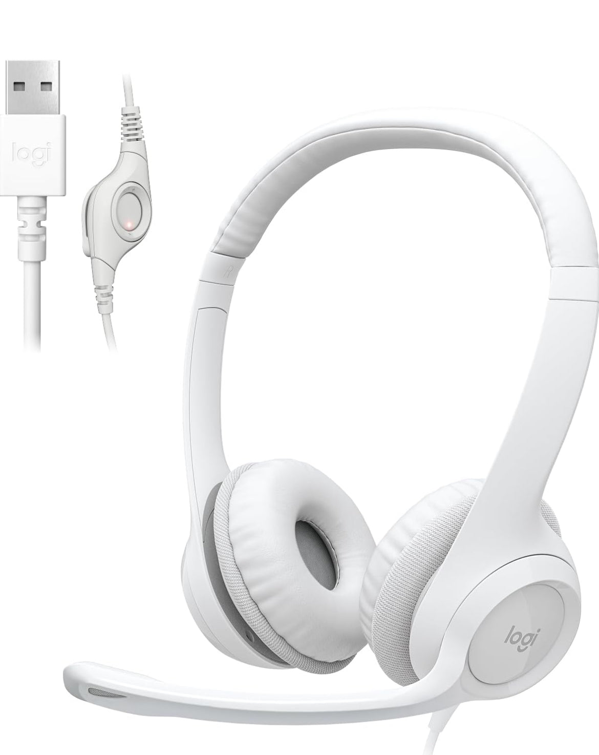 Logitech H390-speletjieskoptelefoon, bedrade koptelefoon met mikrofoon, USB-koptelefoon met mikrofoon vir rekenaar, ruisonderdrukkende mikrofoon vir videovergaderings, musiek, speletjies – Spierwit