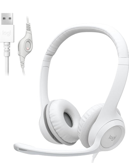 Logitech H390-speletjieskoptelefoon, bedrade koptelefoon met mikrofoon, USB-koptelefoon met mikrofoon vir rekenaar, ruisonderdrukkende mikrofoon vir videovergaderings, musiek, speletjies – Spierwit