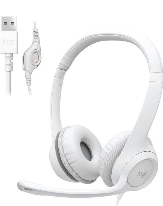 Logitech H390-speletjieskoptelefoon, bedrade koptelefoon met mikrofoon, USB-koptelefoon met mikrofoon vir rekenaar, ruisonderdrukkende mikrofoon vir videovergaderings, musiek, speletjies – Spierwit