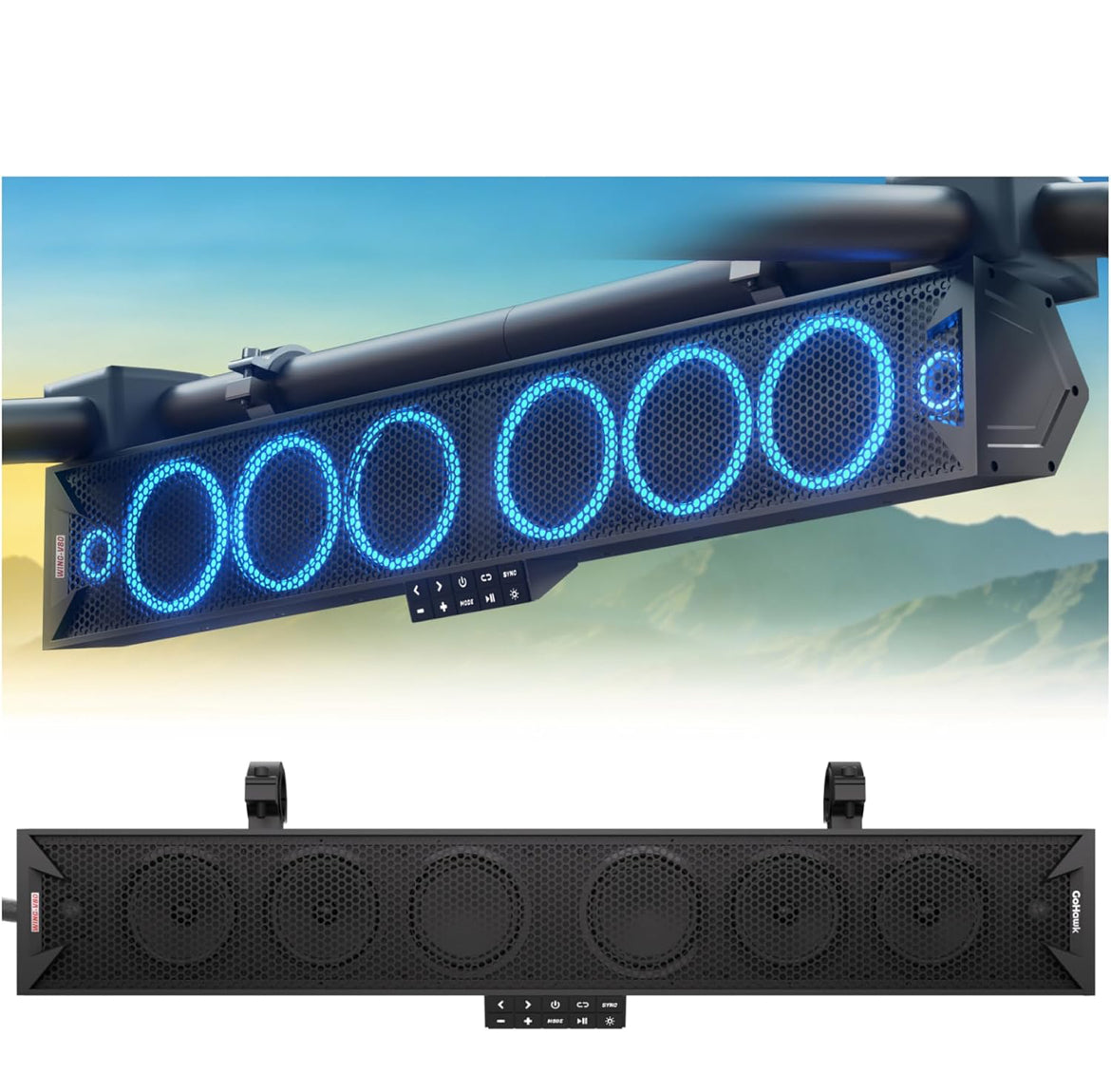 34" 8-Speaker UTV SoundBar w/ Bluetooth, IP66 Waterproof600W Peak Power, RGB lights, FM Radio/USB/AUX, Sync Mode, Fits 1.5"-2.25" Roll Cages for UTVs, Golf Cart, SXS, ATVs & Marine