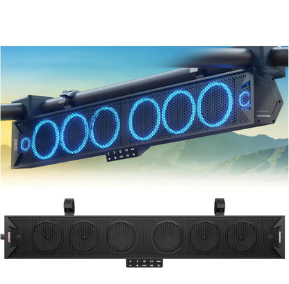 34" 8-Speaker UTV SoundBar w/ Bluetooth, IP66 Waterproof600W Peak Power, RGB lights, FM Radio/USB/AUX, Sync Mode, Fits 1.5"-2.25" Roll Cages for UTVs, Golf Cart, SXS, ATVs & Marine
