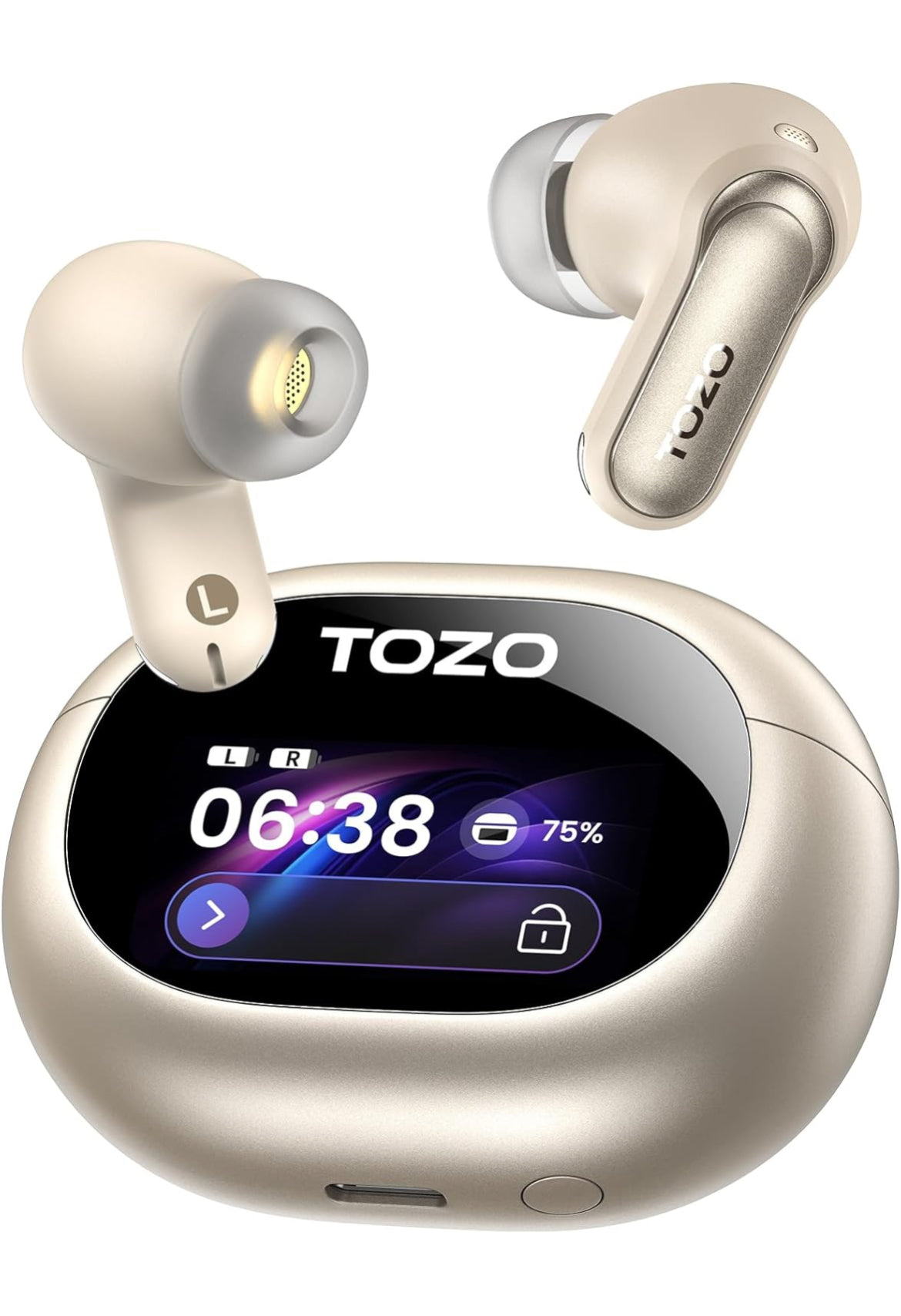 NC20 Pro Active Noise Cancelling Wireless Earbuds with Smart Touch Screen, LDAC Hi-Res Audio, Stereo Bass, 6 Mics AI Call Ear Buds, 80H Playtime, IPX8 Waterproof (Champagne)