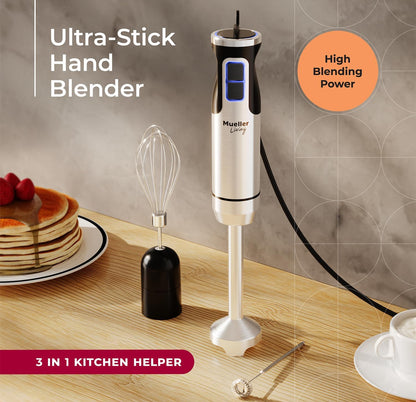 Ultra-Stick Dompelhandmenger, 500W Swaardiensmotor, 8-Spoed Turbo-instelling, Sluit Mengstaaf, Klitser, Melkskuimer en Maatbeker in