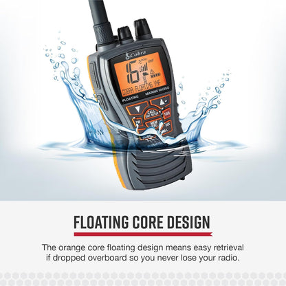 Cobra MR HH350 FLT Handheld Floating VHF Radio - 6 Watt, Submersible, Geraasdempende Mik, Verligte LCD-skerm, NOAA Weer, en Geheue Skandering, Grys