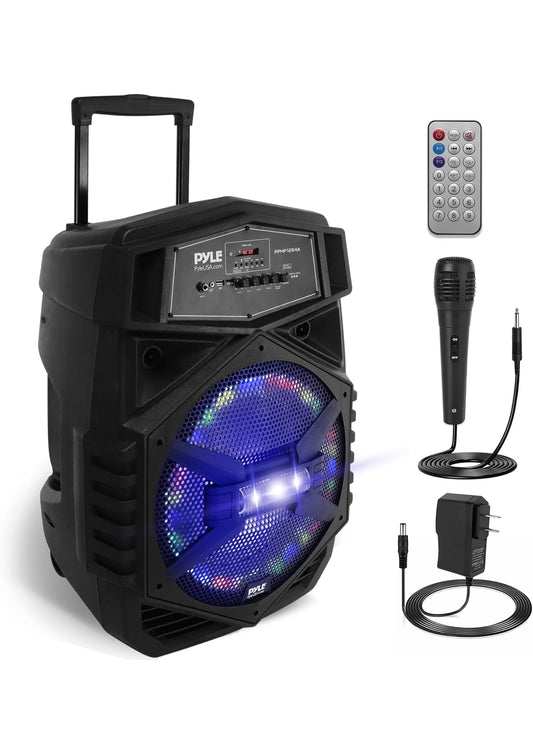 Portable Bluetooth Speaker System 12" 1000W w/ LED Lights, USB/Micro SD/FM/BT/Aux/Remote Control/Mic & Guitar Inputs, Built-in Rechargeable Battery w/ Wheels & Handle Bar