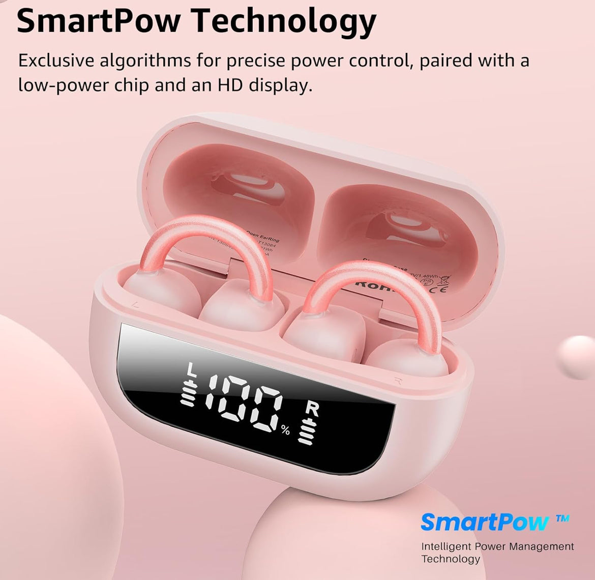 Open Ear Clip Earbuds, Lightweight Comfort 40H Play BT w/ Smart Digital Display - Pink