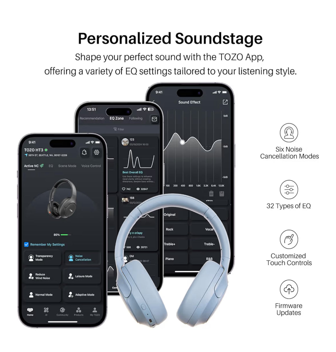 HT3 Hybrid Noise Cancelling Headphones, 90H Battery Life Over Ear Bluetooth 6.0 Foldable Headset, AI Voice Assistant - Blue