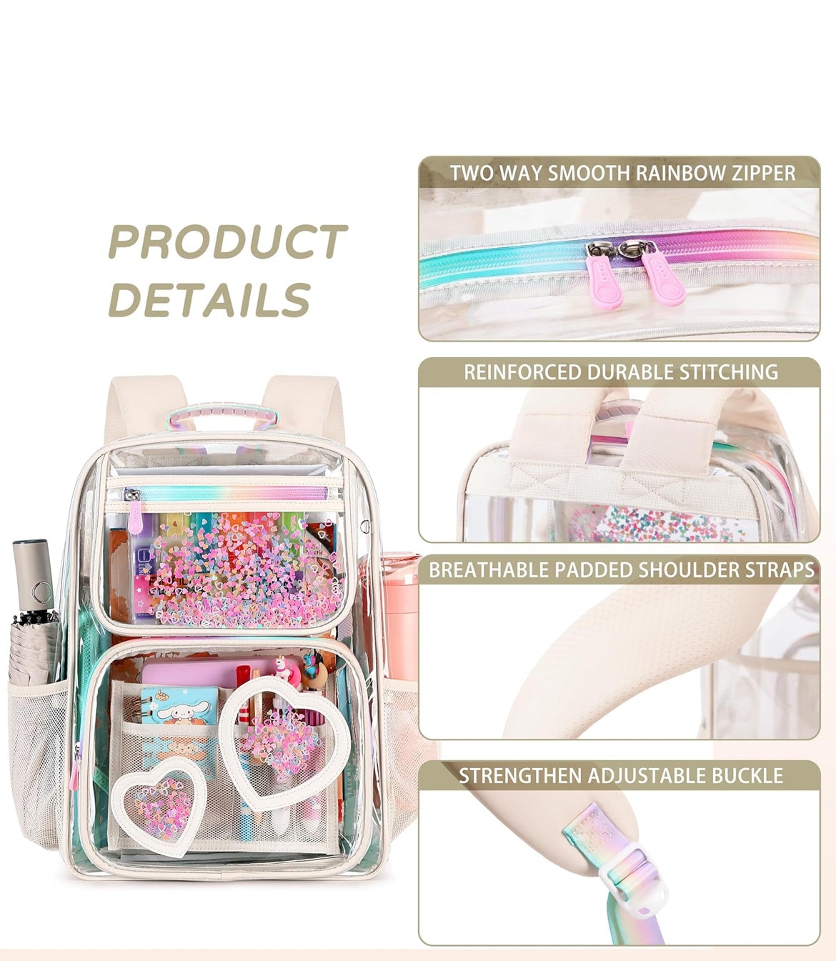 Clear Backpack for Girls Women Transparent Kids Elementary College School Bag Travel Laptop Backpacks Large Bookbags (Off-white)