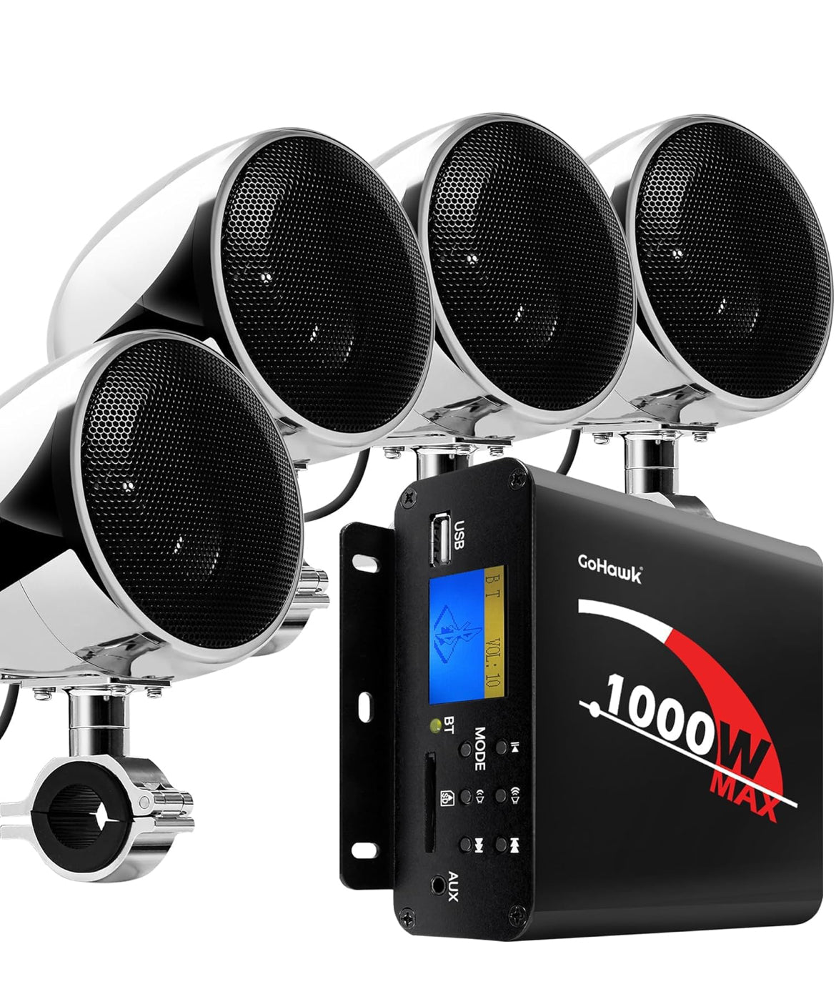 Motorcycle Speakers Bluetooth 4 Inch Waterproof Radio Audio System
1000W Amplifier, Remote Control, AUX USB SD FM Radio, Fits 7/8"–1-1/4" bar for ATVs/Motorcycles, 12 Volt Vehicles