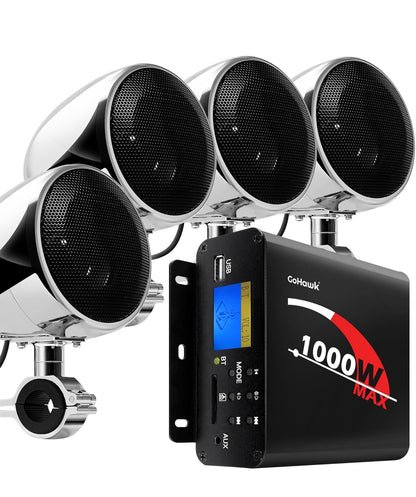 Motorcycle Speakers Bluetooth 4 Inch Waterproof Radio Audio System
1000W Amplifier, Remote Control, AUX USB SD FM Radio, Fits 7/8"–1-1/4" bar for ATVs/Motorcycles, 12 Volt Vehicles