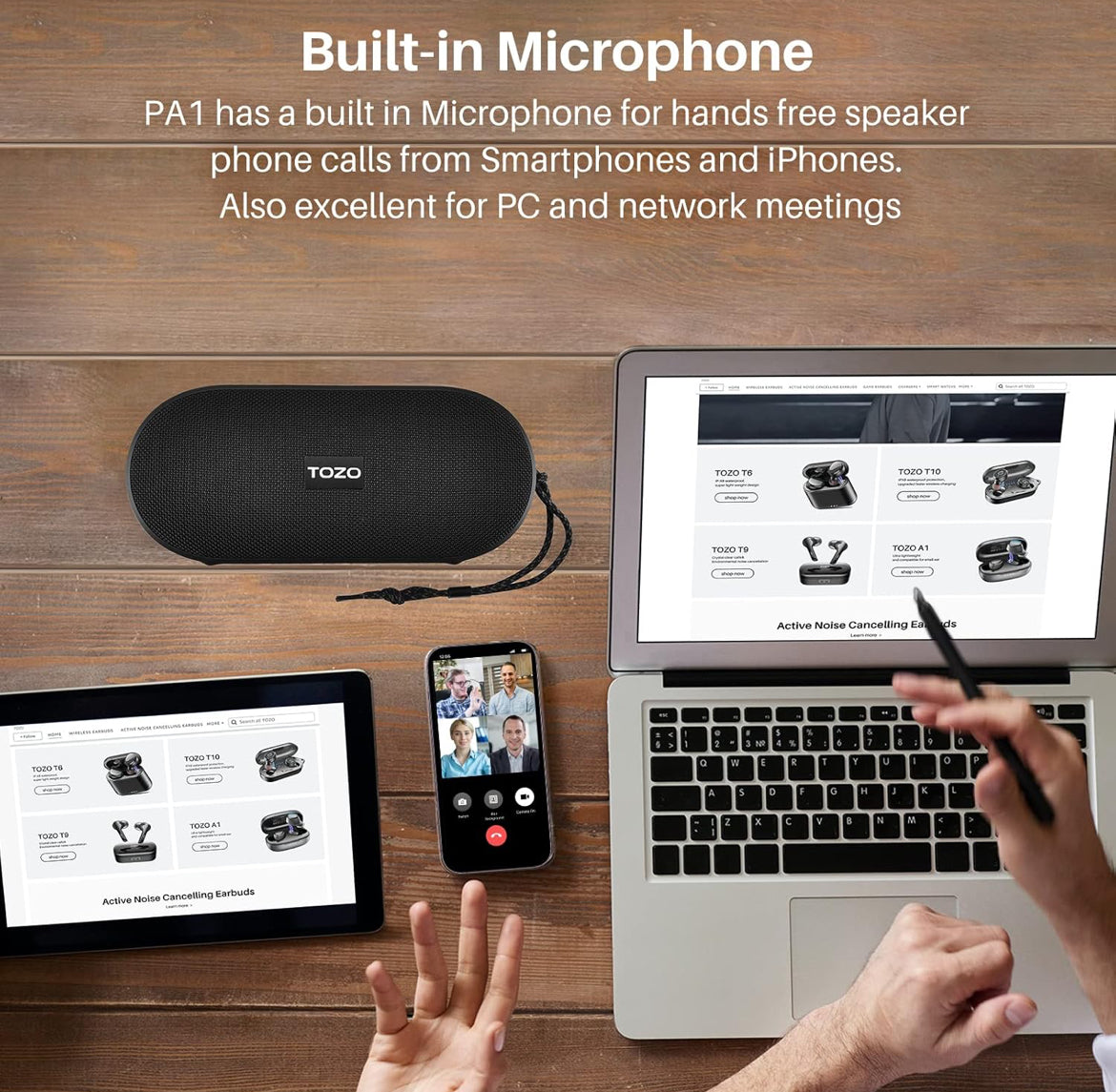 PA1 Bluetooth Portable Speaker Built-in Microphone Stereo Sound, 25H Playtime, IPX7 Waterproof - Matte Black