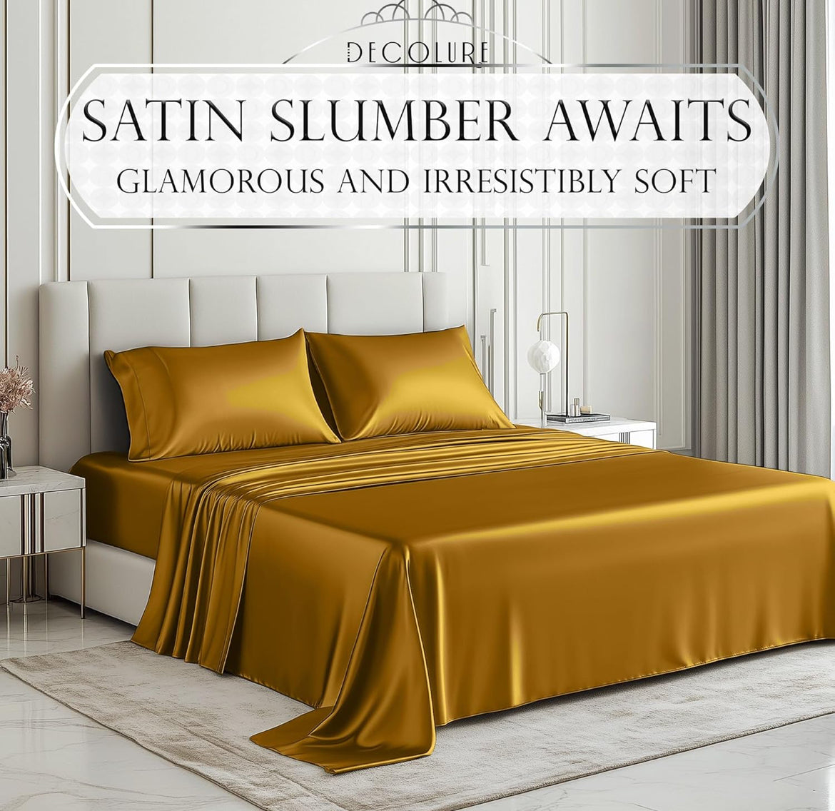 DECOLURE Satin Bed Sheets - 4 Piece Luxury Silky Queen Size Bedding Set - Softer Than Silk, Wrinkle-Free with 15” Deep Pocket Fitted Sheet, Perfect for Hair & Skin, Gifts for Women (Gold)