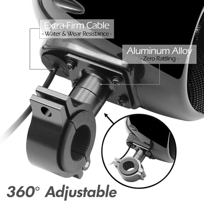 Motorcycle Speakers Bluetooth 4 Inch Waterproof Radio Audio System
1000W Amplifier, Remote Control, AUX USB SD FM Radio, Fits 7/8"–1-1/4" bar for ATVs/Motorcycles, 12 Volt Vehicles