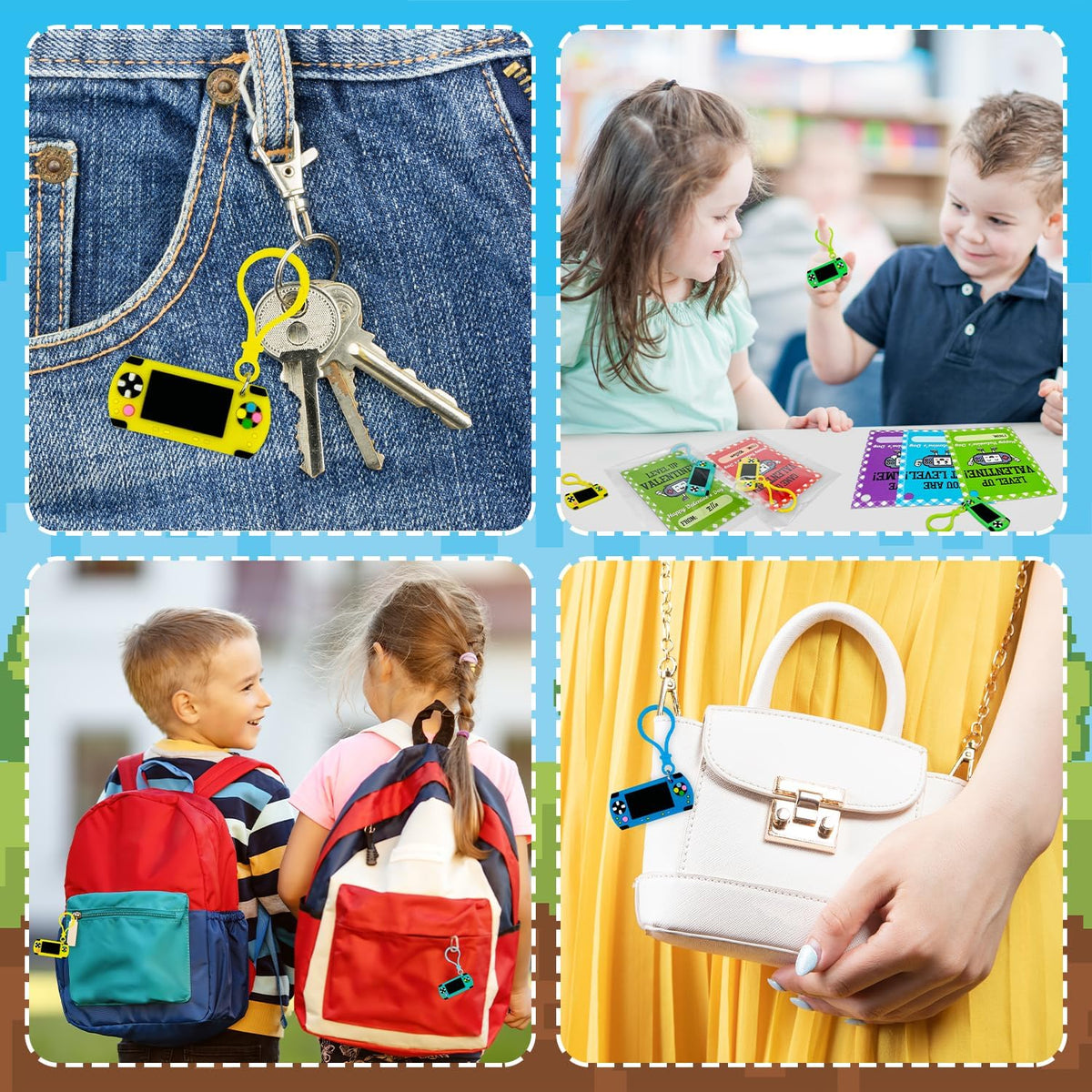 Valentines Day Classroom Exchange Gifts for Kids 2nd 3rd 4th 5th Grade, 24 Pack Video Game Keychains With Class Exchange Cards, Non Candy School Party Favors Supplies Prizes Stuff for Boys Girls
