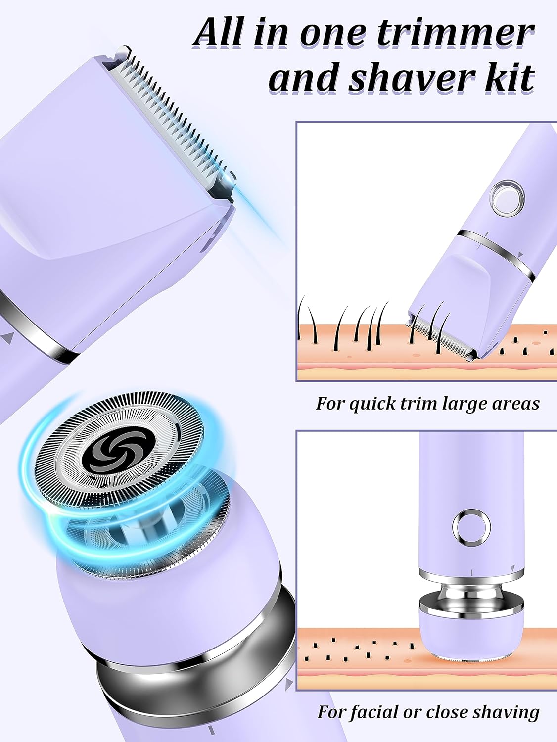 Bikini Trimmer and Shaver Kit - 2-in-1 Wet/Dry Electric Body Hair Trimmer Facial Hair Removal Cordless Waterproof (Purple)