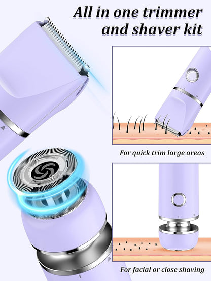 Bikini Trimmer and Shaver Kit - 2-in-1 Wet/Dry Electric Body Hair Trimmer Facial Hair Removal Cordless Waterproof (Purple)