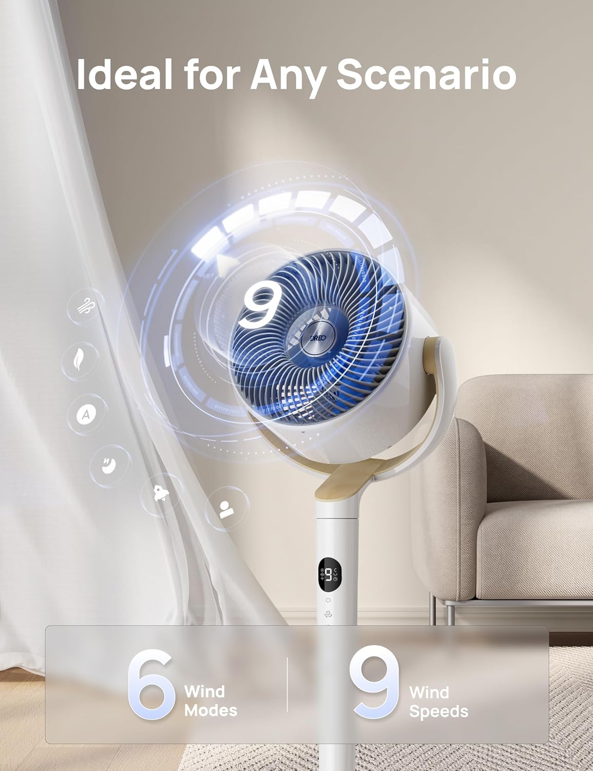 Slim Ossillerende Waaier 120° Omni-Rigting, 90vt Stil Voetstuk m/ RGB-Lig, 9 Spoede, 6 Modusse 8H Tydhouer, Wi-Fi/Stem, 37-42" - Wit