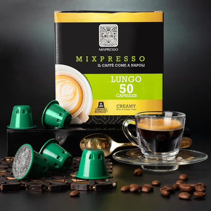 Mixpresso Lungo Koffie Espresso Kapsules Versoenbaar Met Nespresso Oorspronklike Brouers, Enkel Koppie Koffie Peule 100% Vanuit Italië, Donker R&ooml;sting 80% Arabica Espresso, 50 Tellings Koffie Kapsule Intensiteit 10/12