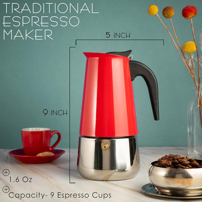 Mixpresso Rooi 9 Kophouer Greca Stoofplaat Espresso Pot 450ml/15oz, Moka Pot met Koffieperkolator-ontwerp, Vlekvrye Staal Stoofplaat Koffiemaker vir Kamp of Tuisgebruik, Italiaanse Stoofplaat Espressomaker