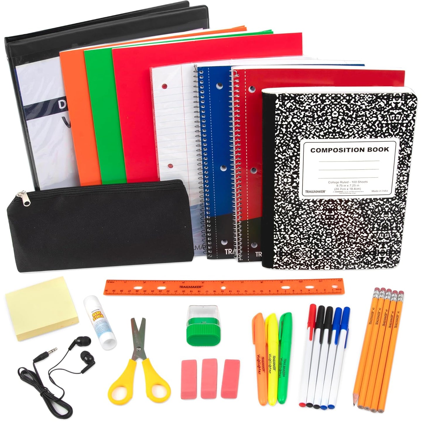 Middle and High School Supplies Essentials Kit - Includes Notebooks, Folder, Pencils, Earbuds, Notepad, Binder
