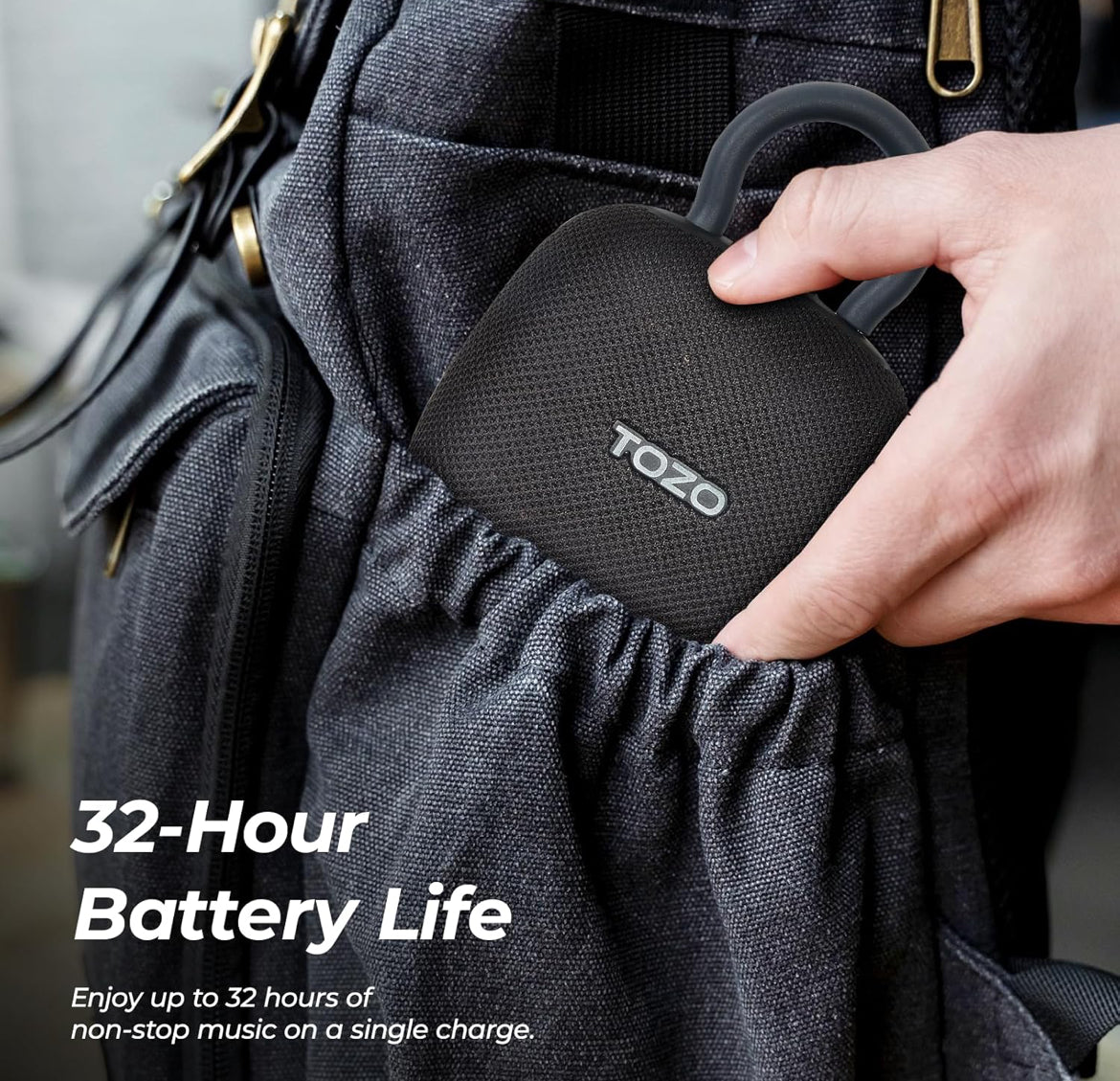 PE1 Mini Portable Bluetooth Speakers w/ Adjustable Carabiner IPX8 Waterproof, 32H Playtime - Black
