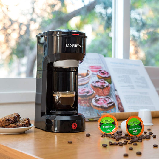 Mixpresso 2-in-1 Koffiemaker – Enkelbedien- en Filterkoffiebrouer, Kompakte Persoonlike Koffiemasjien vir Peule en Los Koffie, Vinnige Brou 414 ml Draagbare Klein Koffiemaker, Swart