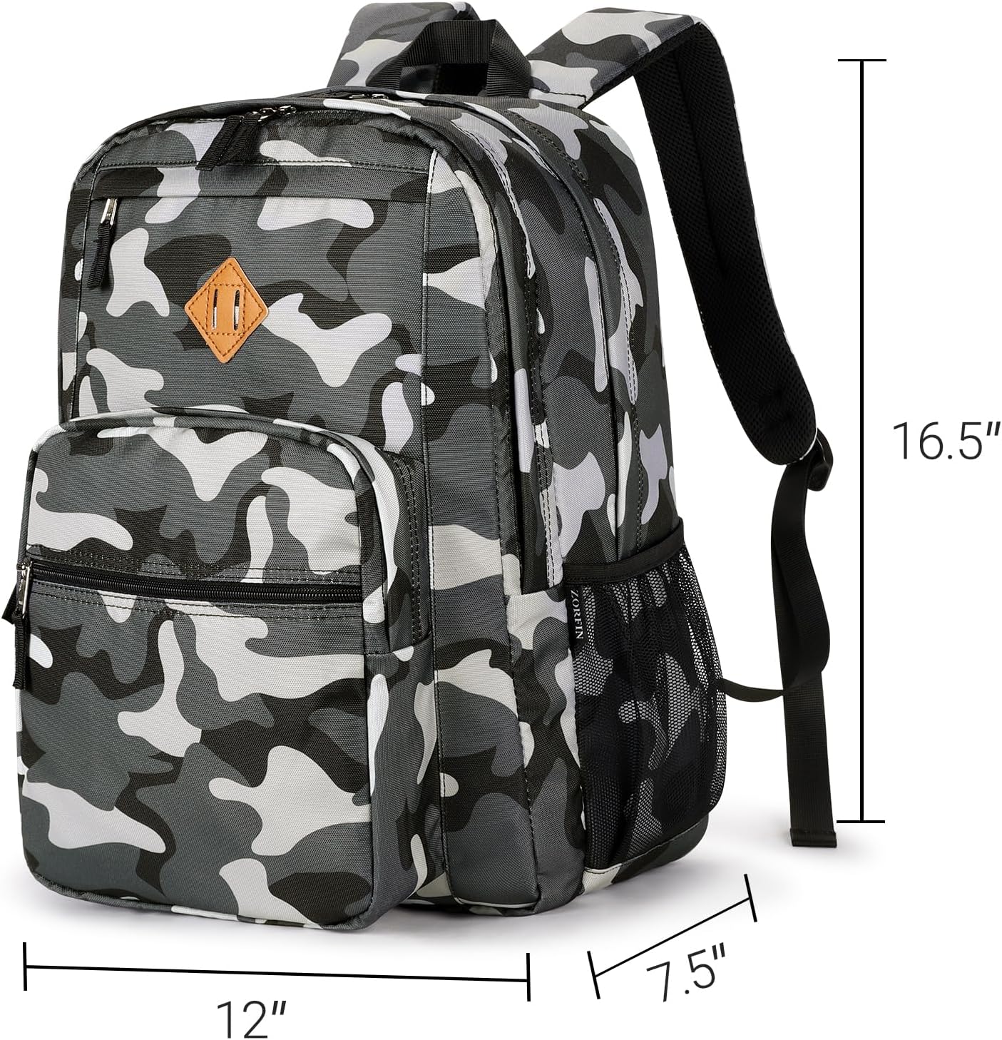 26L Backpack for School, College, and Travel: Water Resistant Bookbag with 8 Compartments - Camo Black