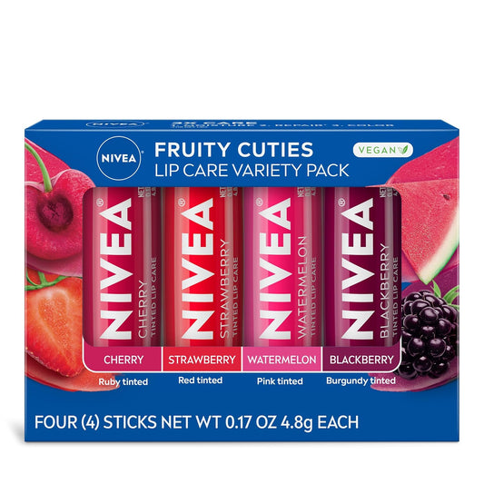 NIVEA Lip Care, Vrugtige Getinte Lipbalsem-verskeidenheidspak, Kersie-, Aarbei-, Braambes- en Waatlemoengeure, 3-in-1 Vog, Herstel en Kleur, 0.17 Oz Stokkie, Pak van 4