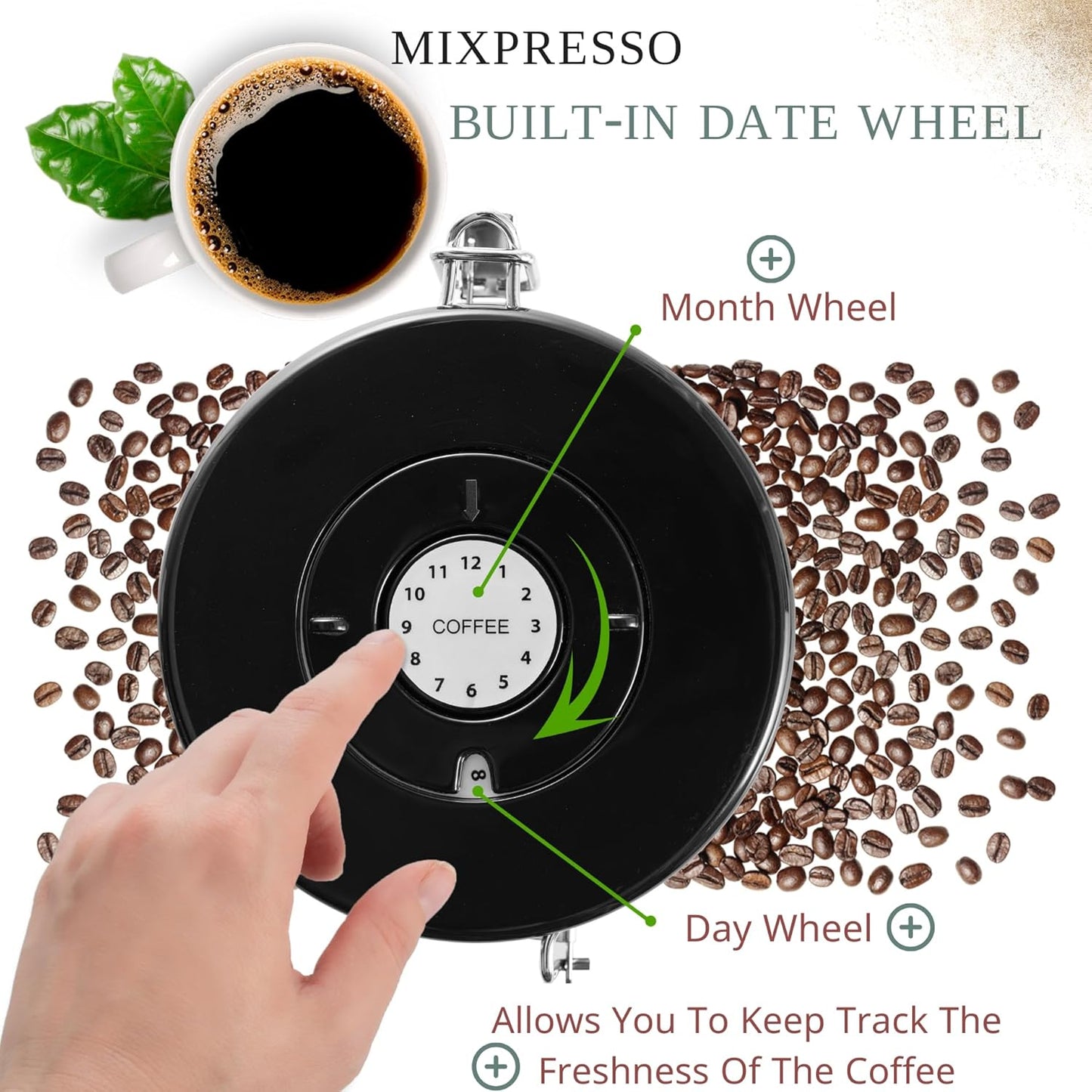 Mixpresso 16 Oz Koper Koffiehouer, Vlekvrye Staal Lugdigte Koffiehouer, Gemaalde en Boontjieberging met Datumspoorder, Vakuumverseëlde Espresso Lugdigte Houer, Suikerhouer