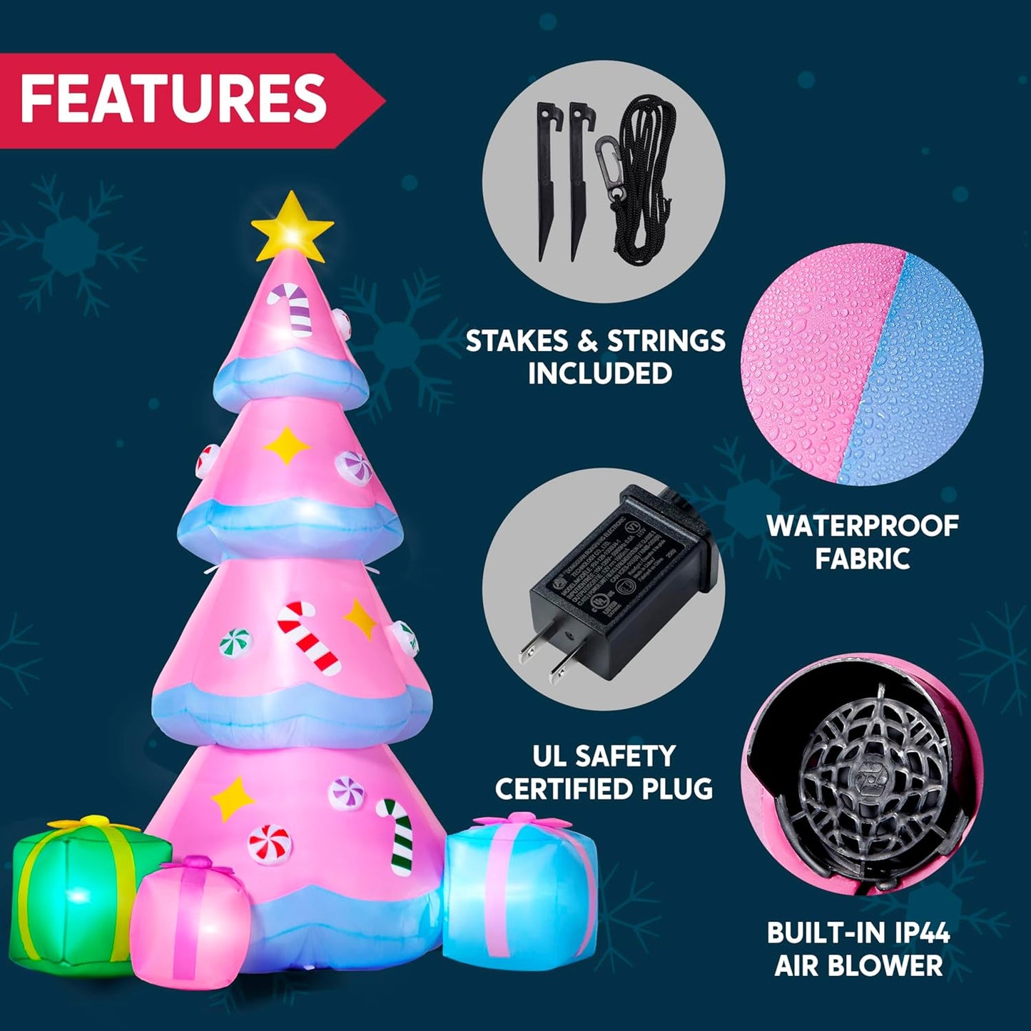 7 FT Tall Christmas Pink Tree Inflatables Outdoor Decoration w/ 3 Gift Boxes, Build-in LEDs